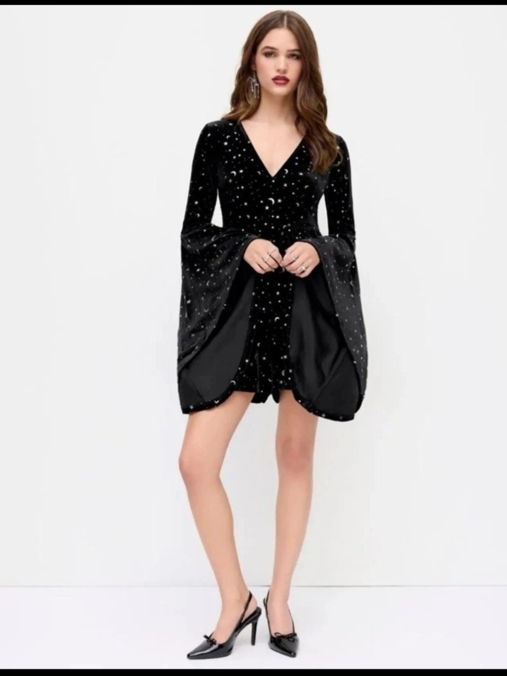 NWT Cider VELVET V-NECK STAR & MOON PATTERN BELL SLEEVE ROMPER L CC9-10 - Picture 2 of 5